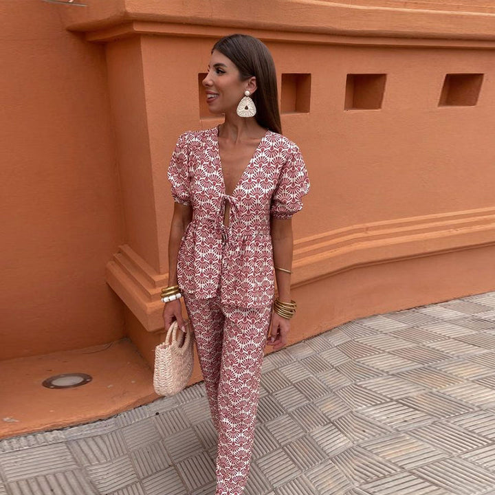 Nicole | Women's Printed Two Piece Casual Set with Pants and Puff Sleeve