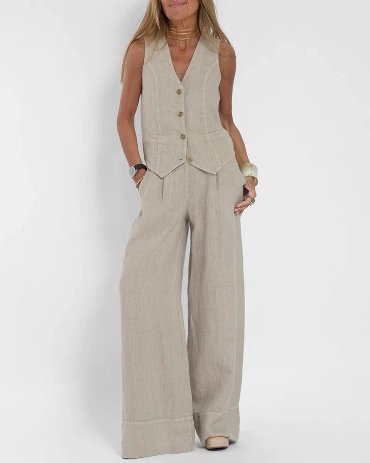 Jayda | Women's Cotton Linen Vest and Wide Leg Pants Set
