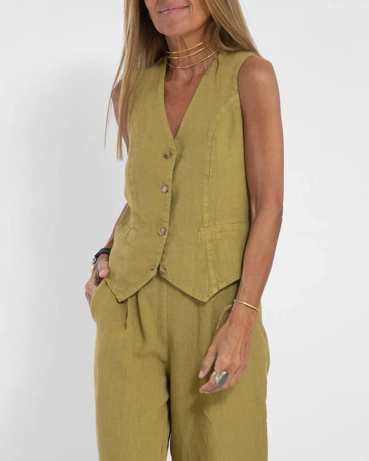 Jayda | Women's Cotton Linen Vest and Wide Leg Pants Set