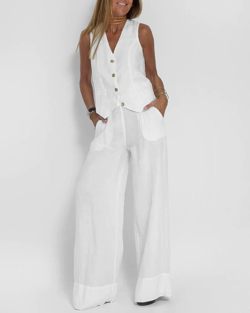 Jayda | Women's Cotton Linen Vest and Wide Leg Pants Set
