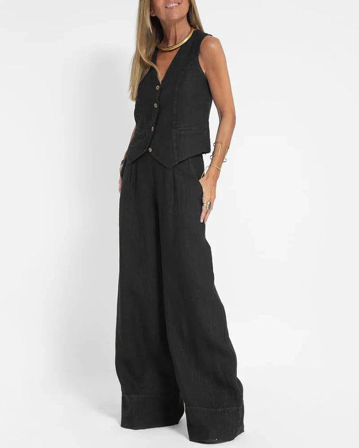 Jayda | Women's Cotton Linen Vest and Wide Leg Pants Set