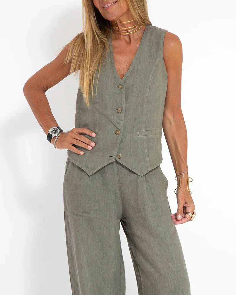 Jayda | Women's Cotton Linen Vest and Wide Leg Pants Set