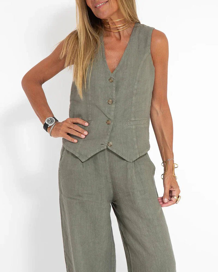 Jayda | Women's Cotton Linen Vest and Wide Leg Pants Set