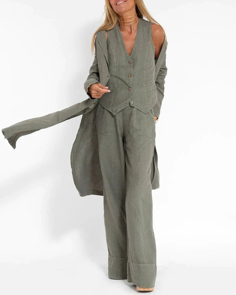 Jayda | Women's Cotton Linen Vest and Wide Leg Pants Set