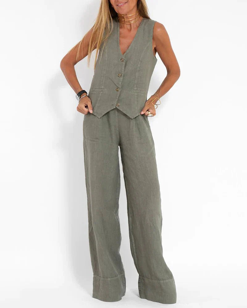 Jayda | Women's Cotton Linen Vest and Wide Leg Pants Set