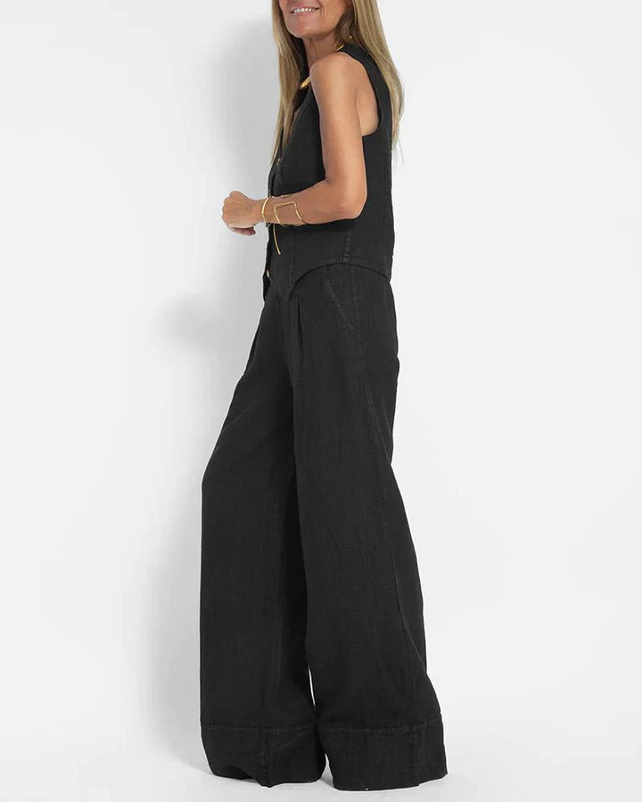 Jayda | Women's Cotton Linen Vest and Wide Leg Pants Set