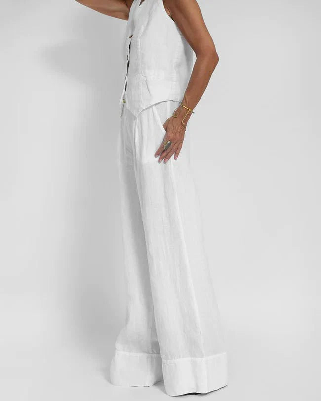 Jayda | Women's Cotton Linen Vest and Wide Leg Pants Set