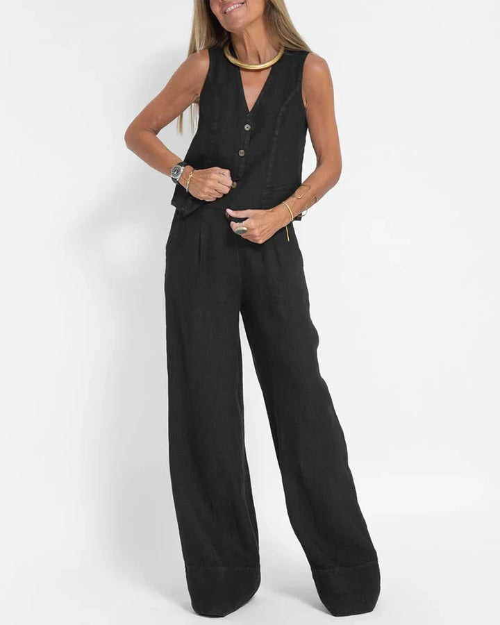 Jayda | Women's Cotton Linen Vest and Wide Leg Pants Set