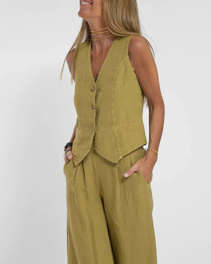Jayda | Women's Cotton Linen Vest and Wide Leg Pants Set