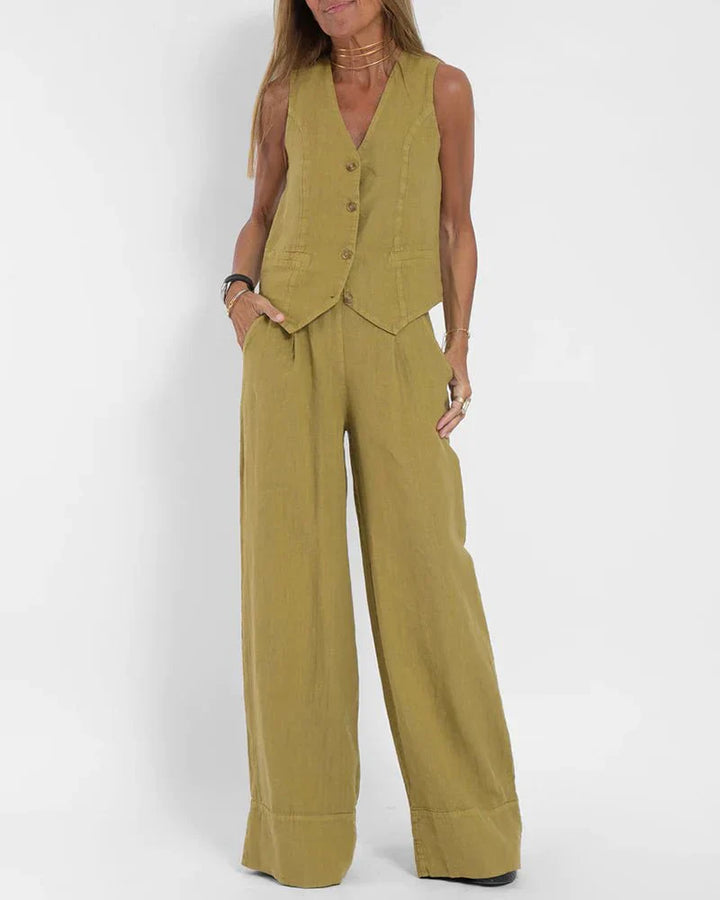 Jayda | Women's Cotton Linen Vest and Wide Leg Pants Set
