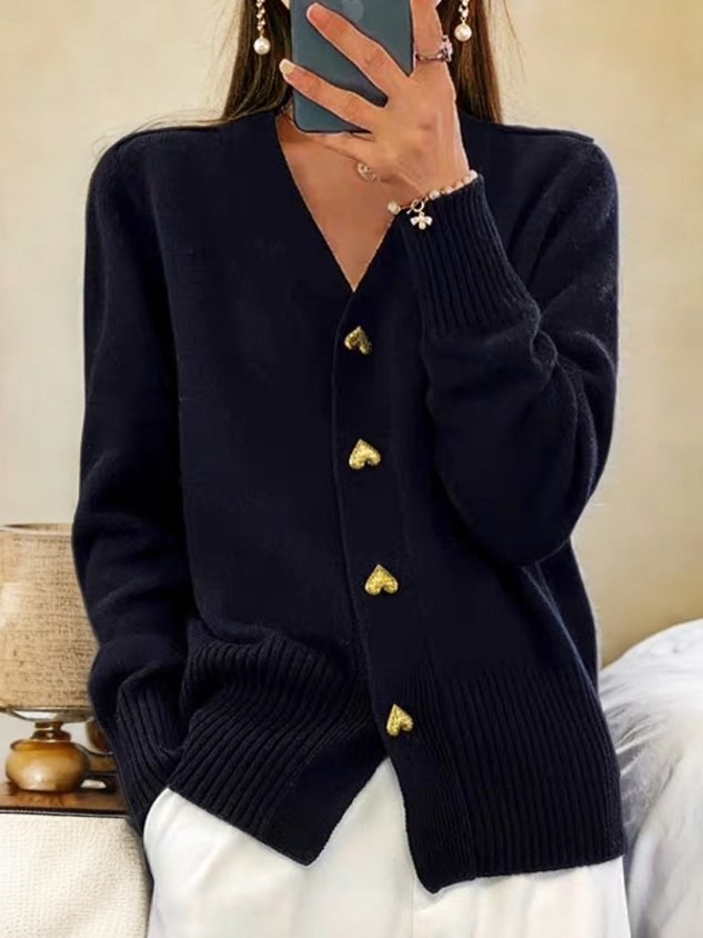 Lovely | Women's Chic V Neck Heart Button Cardigan