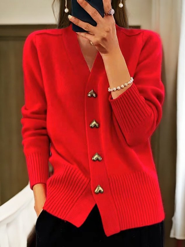 Lovely | Women's Chic V Neck Heart Button Cardigan