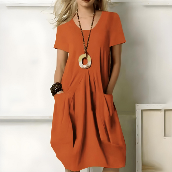 Jordyn | Women's Short Sleeve Round Neck Midi Dress with Pockets