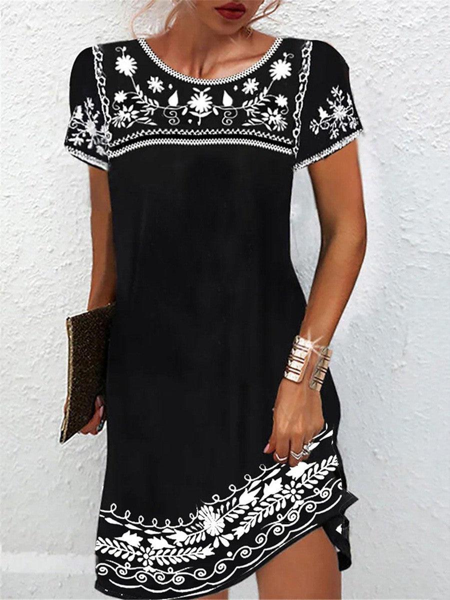 Nimfa | Women's Black Round Neck Floral Embroidered Mini Dress