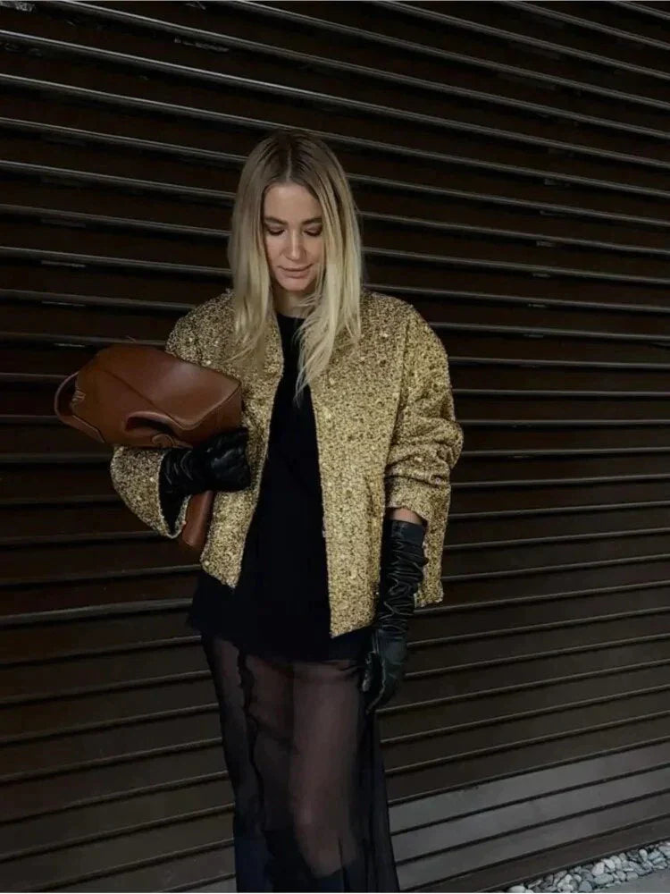 Queenie | Women's Gold Sequin Bomber Jacket with Snap Buttons