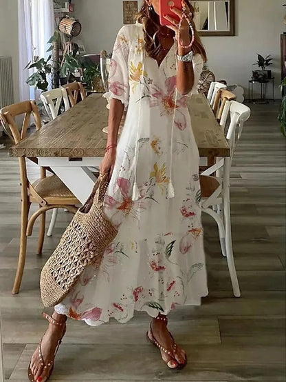 Joy | Women's Short Sleeve V Neck Bohemian Maxi Dress