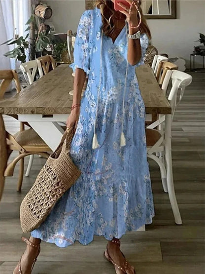 Joy | Women's Short Sleeve V Neck Bohemian Maxi Dress