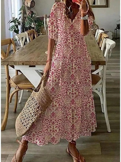 Joy | Women's Short Sleeve V Neck Bohemian Maxi Dress