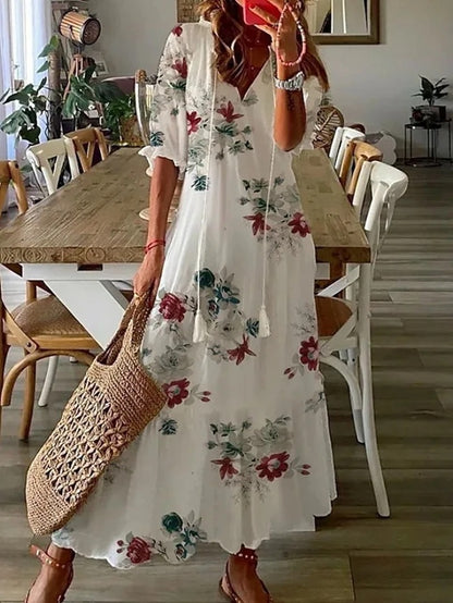 Joy | Women's Short Sleeve V Neck Bohemian Maxi Dress