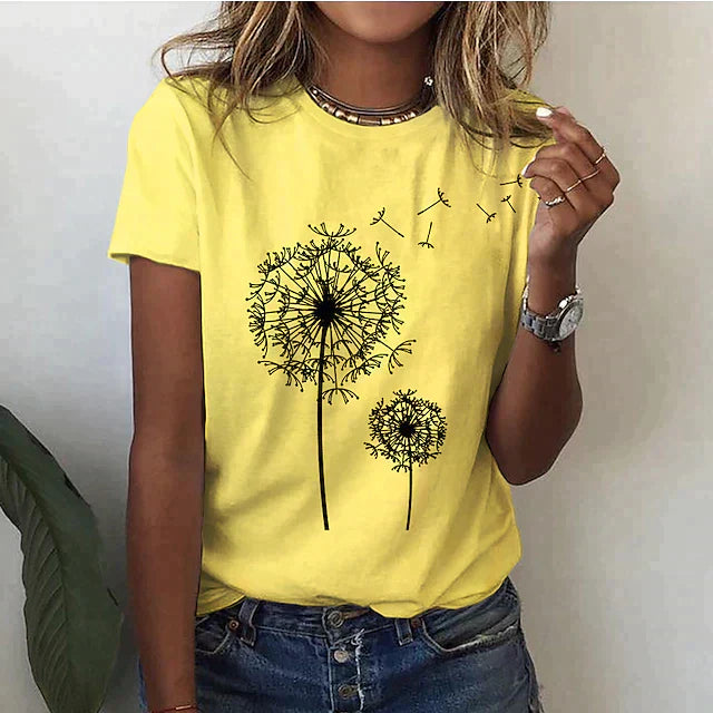 Maya | Women's Crew Neck Short Sleeve T-Shirt with Dandelion Print