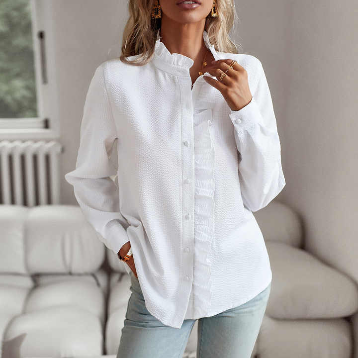 Charlotte | Women's V-Neck Ruffle Trim Striped Blouse