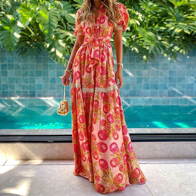 Miranda | Women's Floral Maxi Dress with Tie Belt and Short Sleeve