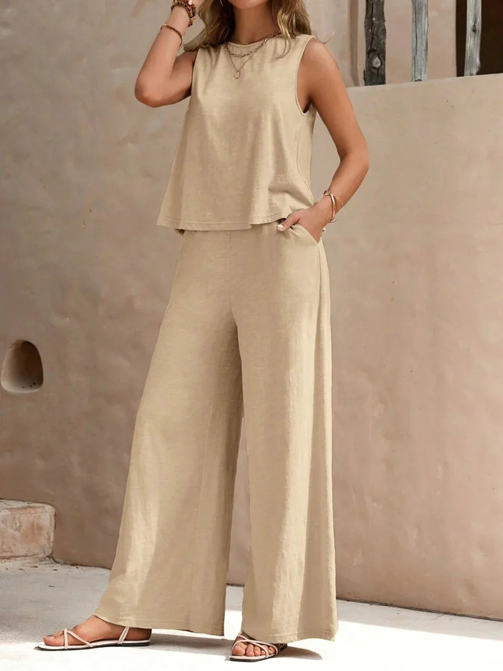 Avery | Women's Lightweight Sleeveless Top and Wide Leg Pants Set